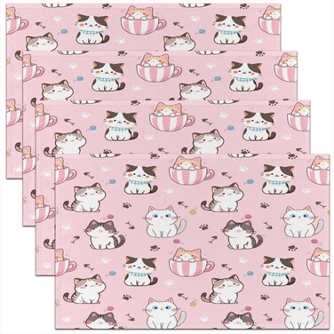 Feelyou Cat Placemats Set of 4 Cats Print Placemats for Dining Table Indoor Outdoor Kitchen 12"x18" Kawaii Cartoon Table Mats Placemat Room Decor Cute Kitten Decor Table Place Mats Pink Animal Themed