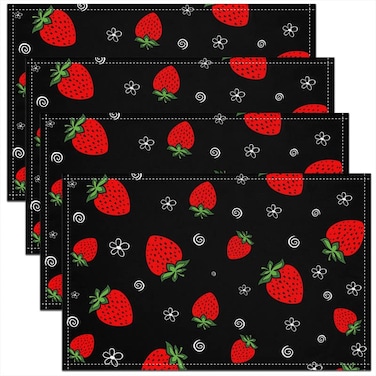 jejeloiu Strawberry Placemats 12"x18", Kawaii Strawberry Table Place Mats Set of 4, Cute Indoor Kitchen Dinner Party Decor Table Mats 18"x12