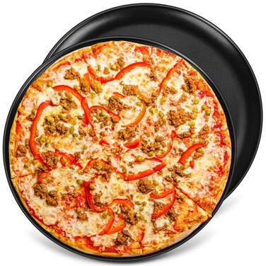 13&Acirc;&frac12; Inch Pizza Pans Pack of 2, P&amp;P CHEF Large Pizza Pan Set for Kitchen Restaurant, Nonstick Surface Covers Stainless Steel Core, Easy Clean &amp; Oven Safe, Common Size, Black