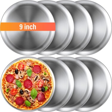 Thenshop 8 Pieces Pizza Pans Bulk Stainless Steel Pizza Pans Sets Round Bakeware Pizza Trays for Oven Kitchen Baking Home Restaurant Safe Sturdy Reusable Easy Clean (Silver,9 Inch)
