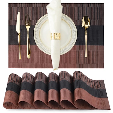 Dark Brown Placemats Set of 6-Durable PVC Vinyl Woven Place Mats for Dining Table Heat Resistant Non-Slip Washable Indoor/Outdoor Table Mats 12 x 17 inch