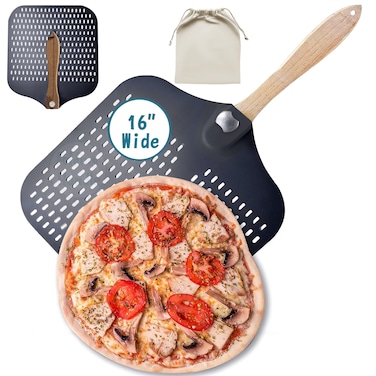 Colenza Pizza Peel 16 inch,16" Wx 18" L, Extra Large Metal Pizza Peel 16 inch, Aluminum pizza peel with Foldable Wood Handle and Storage Bag (16 inch Perforated)