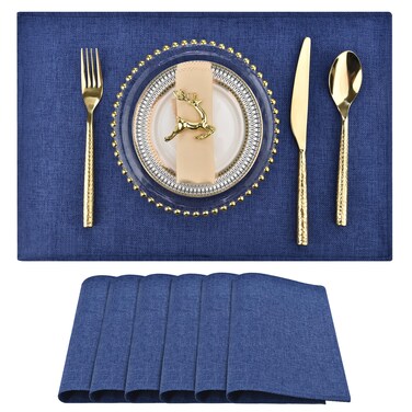 SLKQG Navy Blue Cloth Placemats Set of 6 - Easy to Clean Fabric Table Placemats - Machine Washable Placemats- Heat Resistant Non-Slip Table Mats (Navy Blue, 6),