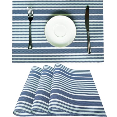 WAZAIGUR Stripe Mixed-Color Cute Vinyl Woven Easy to Clean Placemats Washable Dining Kitchen Table Mats Canteen Hotel Restaurant Place Mats Set of 4(Blue and White)