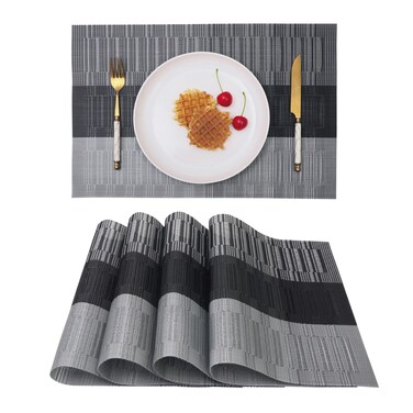 Vinjiasin Placemats Set of 4 Black Grey Gradient Stripes Woven Place Mats Washable Heat Resistant Sturdy Vinyl Weave Placemats Kitchen Dining Table Mats for Indoor Outdoor Easy to Clean