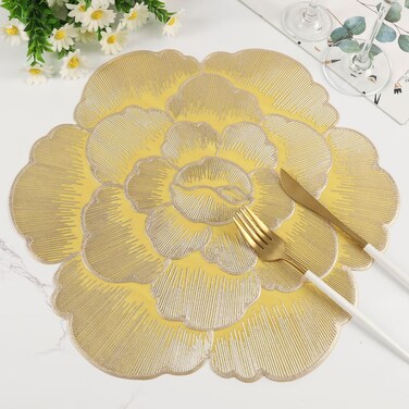 Placemats Set of 6, Gold Round Placemats for Dining Table Pressed Vinyl Metallic Flower Table Mats Washable and Wipeable Place Mats for Wedding Party Kitchen Decorations
