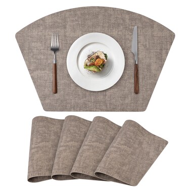 Round Table Placemats Set of 4, Faux Leather Wedge Shape Place Mats Heat Resistant Wipeable Washable Table Mats for Dining Outdoor Indoor, Camel