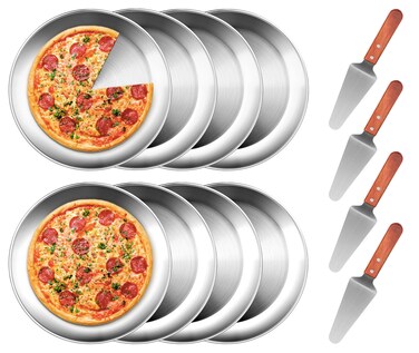 tchrules 12 Inch Pizza Pan Set of 8, Stainless Steel Pizza Tray, Round Non-Stick Coating Pizza Plate for Oven Kitchen Baking Home Restaurant, Dishwasher Safe &iuml;&frac14;&circ;Silver&iuml;&frac14;&permil;