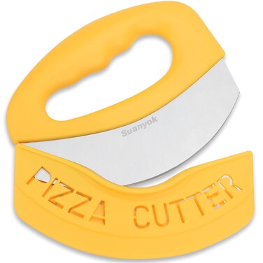 Suanyok Premium Pizza Cutter Food Chopper-Super Sharp Blade Stainless Steel Pizza Cutter Rocker Slicer with Protective Sheath Multi Function Pizza Knife Kitchen Tools,Dishwasher Safe (Yellow)