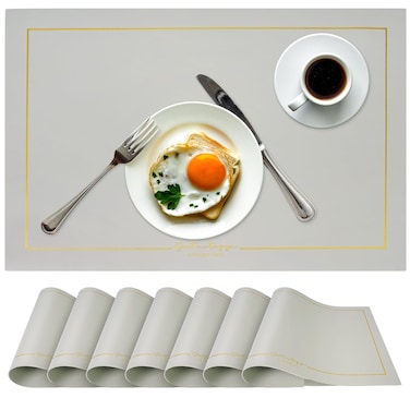 BEAUTIFABLE Placemats Set of 8, Washable Vinyl Faux Leather Place Mats 18" x 12" PU Wipeable Waterproof Table Mats for Kitchen Restaurant Mesa Indoor Outdoor Dining (Gray)