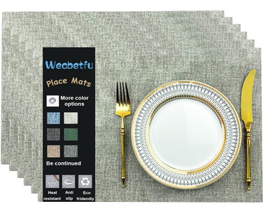 Weabetfu Faux Leather Heat Resistant Placemats Set of 6 Waterproof Wipeable PU Table Mats Washable Anti-Slip Place Mats for Indoor&amp;Outdoor,Easy to Clean-Light Grey
