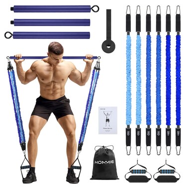 Hommie Portable Pilates Bar Kit with Resistance Bands for Men and Women&iuml;&frac14;&OElig;Upgraded 3 Section Pilates Bar with Resistance Bands (20/40/60lb) for Home Gym Equipment Supports Full-Body Workouts