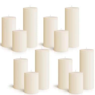 Sumind Set of 12 Poured Pillar Candles 3"x 4", 6", 8" Dripless Unscented Candle Long Clean Burning Rustic Country Style for Wedding, Christmas, Home Decor, Relaxation, All Occasions(Ivory White)