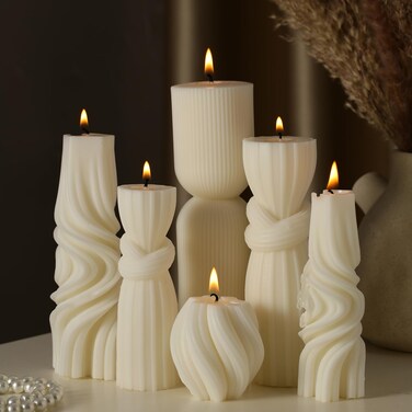 Threlaco 6 Pcs Small Pillar Candles Aesthetic Candle Modern Ribbed Candles Set Cute Soy Wax Scented Ribbed Candle Twirl Geometric Decorative Candles for Home Decor for Living Room Bathroom(White)