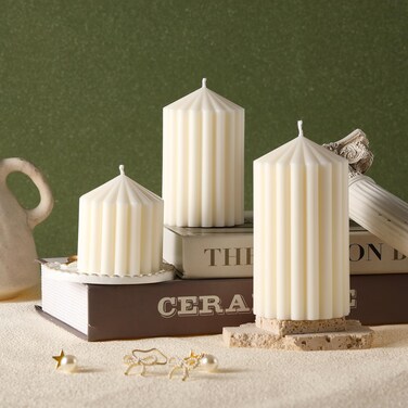 Conelist Set of 3 Ribbed Pillar Candles Soy Wax Scented Ribbed Candles Includes 2.8, 4.2 and 5.1 Inches Heights Decorative Pillar Candles for Home Birthday Wedding Christmas Gift (White)