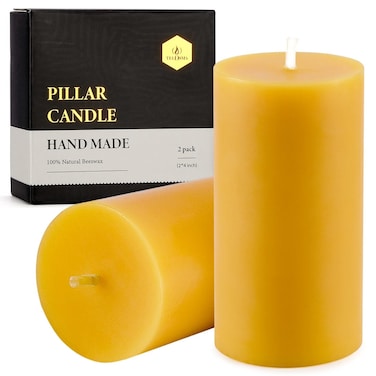 Natural Beeswax Pillar Candle 2x4 inch, Smokeless and Long Lasting (22-27 Hours) Pure Beeswax Candle, Natural Unscented, 2 Pack - Yellow