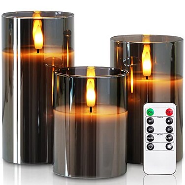 Homemory Grey Glass Flameless Candles, Battery Operated LED Pillar Candles with Remote Control and Timer, Radiance Candles, Real Wax, Set of 3,D3 xH4 5" 6