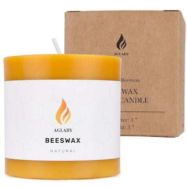 AGLARY 3"x 3" Beeswax Pillar Candle, Made of Pure Natural Beeswax, with Ultra Long Burning Time and Low Allergenicity-Raw&iuml;&frac14;&OElig;40H