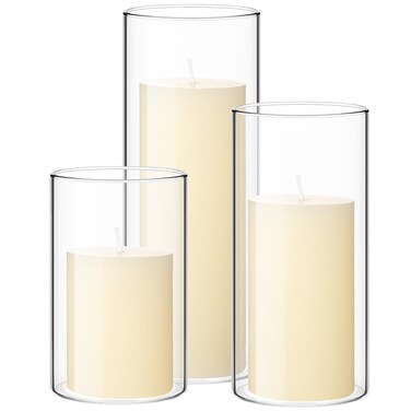 Shihanee Set of 3 Ivory White Pillar Candles and 3 Glass Cylinder Candle Holders for Slim Candles Wedding Halloween Thanksgiving Day Christmas Centerpieces, 3.4'' x 4.7", 7", 9.8