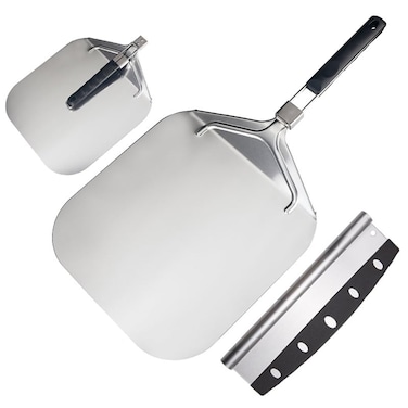 Pizza Turning Peel - Metal Pizza Peel Spinner - Perforated Turning Pizza Peel with Detachable Handle - Aluminum Pizza Turner (Stainless steel cutter and Aluminum Peel (2pcs))