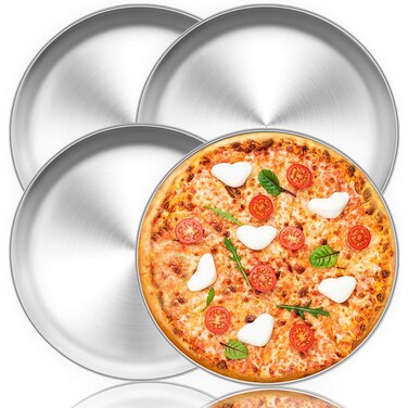 TeamFar Pizza Pan, 12 inch Pizza Pan Set Round Pizza Oven Baking Pans Tray Stainless Steel for Home Restaurant Party, Healthy &amp; Heavy Duty, Dishwasher Safe &amp; Easy Clean - Set of 4