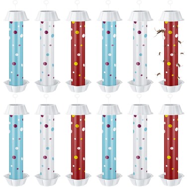 12 Pcs Sticky Fly Trap Fly Stick Indoor Outdoor Long Lasting Adhesive Fly Catcher with Hanging Hook for Wasps Gnats Bugs Insects Moths Fruit Flies Mosquitoes Spiders Fleas (White, Blue, Red)