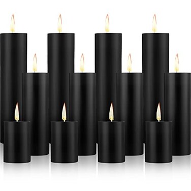 Lounsweer 12 Pieces Christmas Pillar Candles Unscented Candles Votive Candles Wax for Wedding Spa Holiday, Birthday, Home, Bath, Reception Decor, 2 x 3 Inch, 2 x 6 Inch, 2 x 8 Inch (Black)