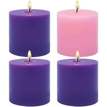 3&Atilde;&mdash;3 Inch Advent Pillar Candles, 3 Purple and 1 Pink Seasonal Celebration Candles for Advent Wreath and Christmas Decorations, Long-Lasting Slow-Burning Dripless Candles