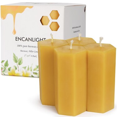 Beeswax Pillar Candles 2x4 Inch, 4 Pack Hexagonal Elegant Bees Wax Pillar Candles Modern Geometric Unscented and Dripless Candle - Approx 40 Hours Burn for Home Decor, Dinner, Party