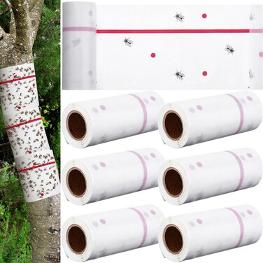 Qualirey 6 Rolls Spotted Lantern Fly Traps 30 Feet Each Roll Fly Tree Trap Sticky Fly Strips Outdoor Fruit Fly Glue Trap Disposable Fly Tree Tape Indoor Fly Paper Sheets for Protecting Trees (White)