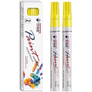 TFIVE Yellow Permanent Paint Marker Pens - 2 Count Oil Based Marker Pen, Medium Tip, Waterproof &amp; Quick Dry, for Office, Art projects, Rock Painting, Ceramic, Glass, Wood, Plastic, Metal, Canvas