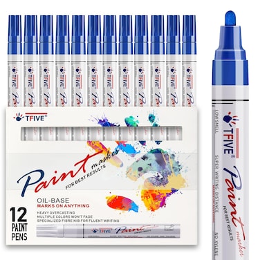 TFIVE Blue Paint Pens Markers - 12 Pack Oil Based Permanent Marker, Medium Tip, Never Fade, Quick Dry, Waterproof Paint Pen for Rocks Painting, Wood, Fabric, Plastic, Canvas, Glass, Metal