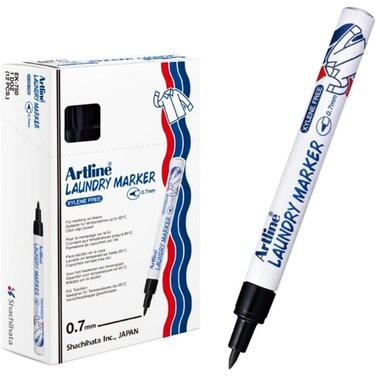 Artline Laundry Fabric Markers Permanent For Clothes, Instant Dry High Density Ink For Bright Cloth, 0.7 mm Fine Tip - Black, 12 Pack