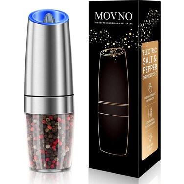 Gravity Electric Salt and Pepper Grinder Set, Battery Powered LED Light One Hand Automatic Operation, Adjustable Coarseness Mill Grinders Shakers Black (G.Silver 1p)