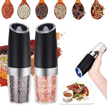 Gravity Electric Pepper and Salt Grinder Set [White Light] - Battery Operated Automatic Pepper and Salt Mills,Adjustable Coarseness,One-Handed Operation,Utility Brush,Stainless Steel by DLD