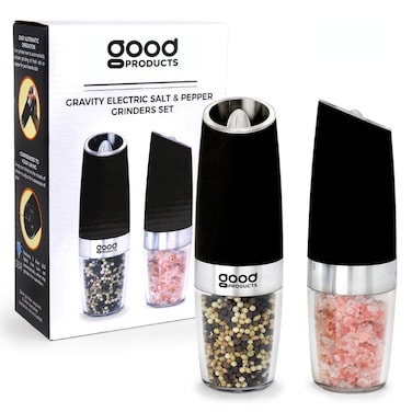 [Set of 2] Automatic Gravity Electric Salt &amp; Pepper Grinder Shaker Pepper Mill. Adjustable W/Stand, Battery Powered LED Light,One Hand Operation salt and pepper grinder set (Black) By Good Products