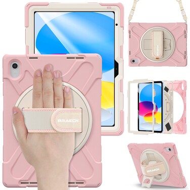 BRAECN for iPad 10 Gen 10.9 Inch Case 2022, THeavy Duty Shockproof Rugged Protective Case with Shoulder Strap, Hand Strap, Stand, Screen Protector, Pencil Holder for Apple iPad 10 Gen -Sakura Pink