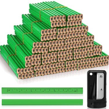Honoson 202 Pcs Carpenter Pencil Set 200 Pcs Flat Construction Pencils with Printed Ruler Wood Graphite Pencils 2 Pcs Carpenter Pencil Sharpener for Woodworking Marking Tool (Green)