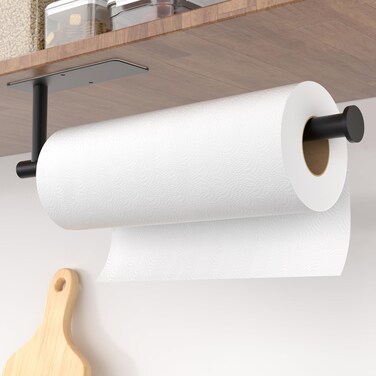 Paper Towel Holder Under Cabinet - Matte Black Paper Towel Hanger, Self-Adhesive or Drilling, Stainless Steel Paper Towel Rack Wall Mount for Kitchen, Bathroom, RV