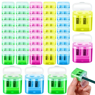 Geosar 300 Pcs Manual Pencil Sharpeners Bulk Small Dual Hole Pencil Sharpeners Handheld Crayon Sharpener with Lid for Classroom Office Donation Supplies