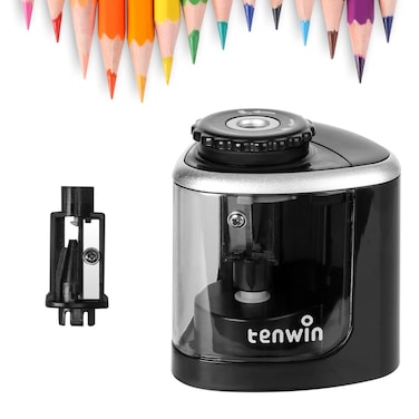 tenwin Electric Pencil Sharpener Battery Operated,Fast Sharpening, Suitable for NO.2/Drawing/Colored Pencils(6-8 mm), Office/School/Home, Portable Pencil Sharpener for Adults, Kids (Black)