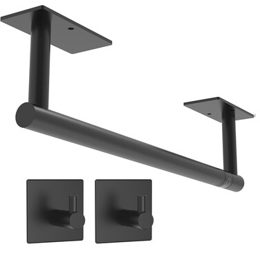WZKALY Paper Towel Holder Under Cabinet, Self Adhesive or Wall Mounted SUS304 Stainless Steel Paper Towel Holder for Kitchen, Bathroom(2 Towel Hooks, Matte Black)
