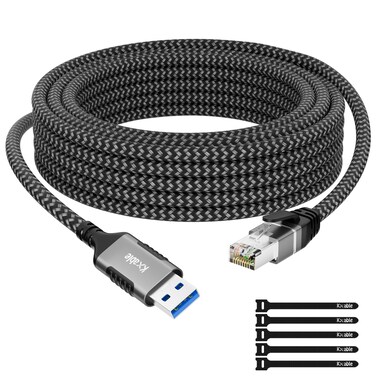 USB to Ethernet Cable 2 FT, USB 3.0 A Male to RJ45 Male Cord, Directly Connected, Aluminum Portable USB to RJ45 Gigabit LAN Network Cable for Laptop, PC, Switch, More, Braided Cable with 5 Pcs Ties