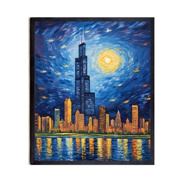Bestbuddy Pet 11X14 Unframed Starry Night Van Gogh Inspired Chicago Skyline Oil Painting Art Print Poster Wall Decor AP184