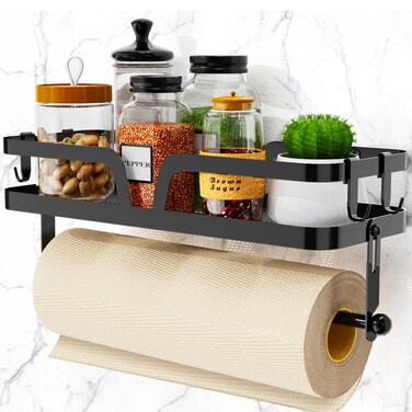 Taozun Paper Towel Holder with Shelf, Kitchen Paper Holder Spice Rack Black Paper Towel Roll Holder RV Paper Towel Rack with 4 Hooks(2 Installation Methods - Self-Adhesive and Drilling)