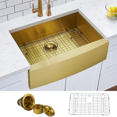Hotis Home Gold Farmhouse Sink, 33 Inch Stainless Steel Farmhouse Kitchen Sink, Single Bowl Burshed Gold Apron Front Farm Sink, Brass Undermount Sink With Accessories