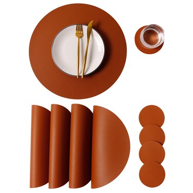 Wipeable Placemats and Coasters Leather Table Mats Waterproof Heat-Resistant Easy to Clean for Dining Table Set Kitchen Table Set of 4, Brown