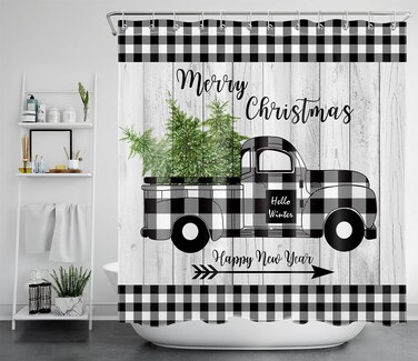EOBTAIN Merry Christmas Shower Curtain Farmhouse Truck Black White Plaid Xmas Pine Tree Snowflake Rustic Wooden Board Winter Holiday Happy New Year Bathroom Curtain Durable Fabric 12 Hooks 69X70Inch