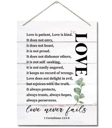 Bible Verse Printed Wood Plaque Sign Wall Hanging, Home Wall Decor Love is Patient, Love is Kind Quote Scripture Rustic Hanging Wall Plaque Wood Signs, 1 Corinthians 13:4-8 Christian Sign