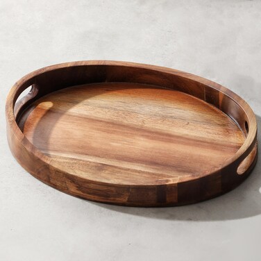 Tvvtuww Serving Tray Acacia Wood Oval Large Tray with Handle, Thickened Cup Cake Snack Serving Tray, Kitchen Living Home Decor 12.5 Inch, M